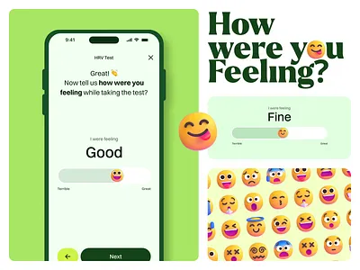 Kennect - Fitness App - Mood Tracking Screen creative slider daily mood emoji slider emoji ui emotion selecter emotions figma ui kit green ui health app design hrv test ui micro interaction minimal ui mobile app mood tracker onboarding onboarding ui rating screen slider design ui design user feedback ui
