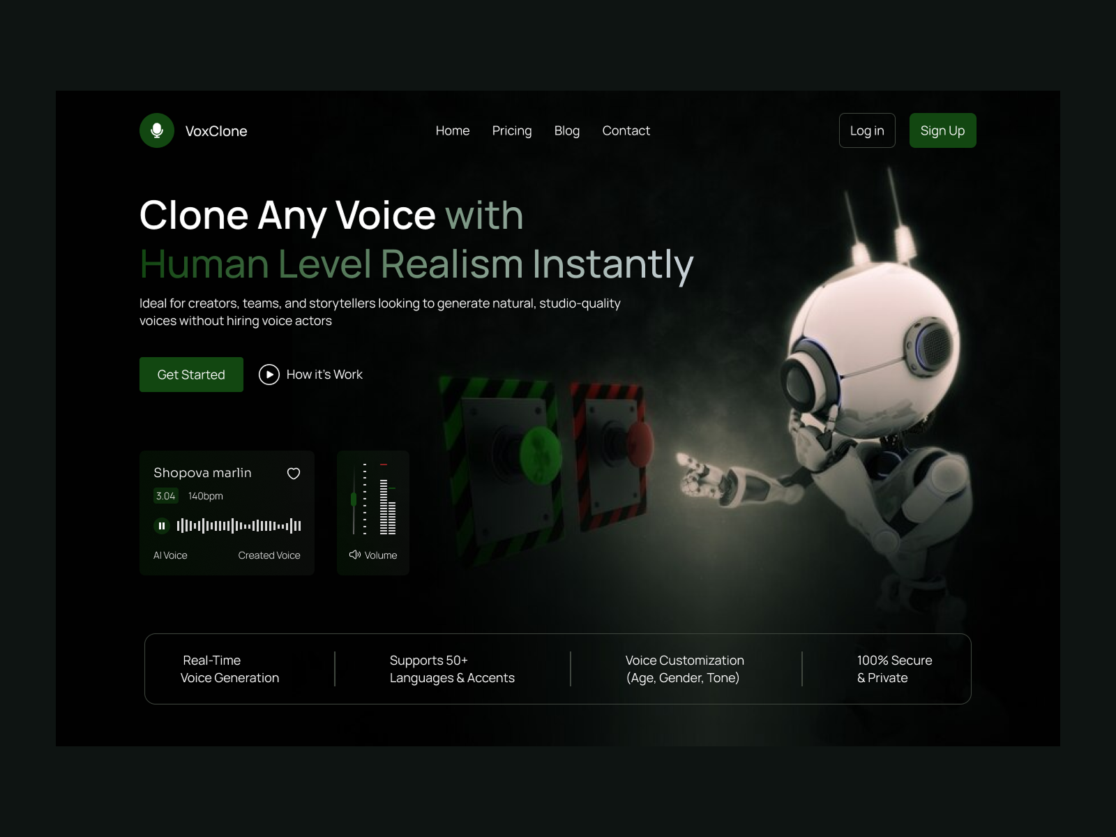AI Voice Cloner Landing Page VoxClone UI Concept ai voice cloner ai voice technology audio tech startup clean design dark mode ui design landing page modern ui realistic voice ai tech startup website ui ui design voice voice ai platform voice cloning ui voice customization tool voice generator web design