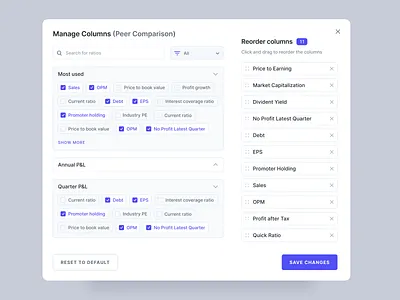 Screener - Manage Columns app design input list minimal modal ui ux web