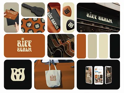 Riff Realm Brandboard 70s brand board brand building brand design brand designer brand identity brand identity design brandboard branding branding design guitar case guitar pick logo logo design logo designer retro vintage