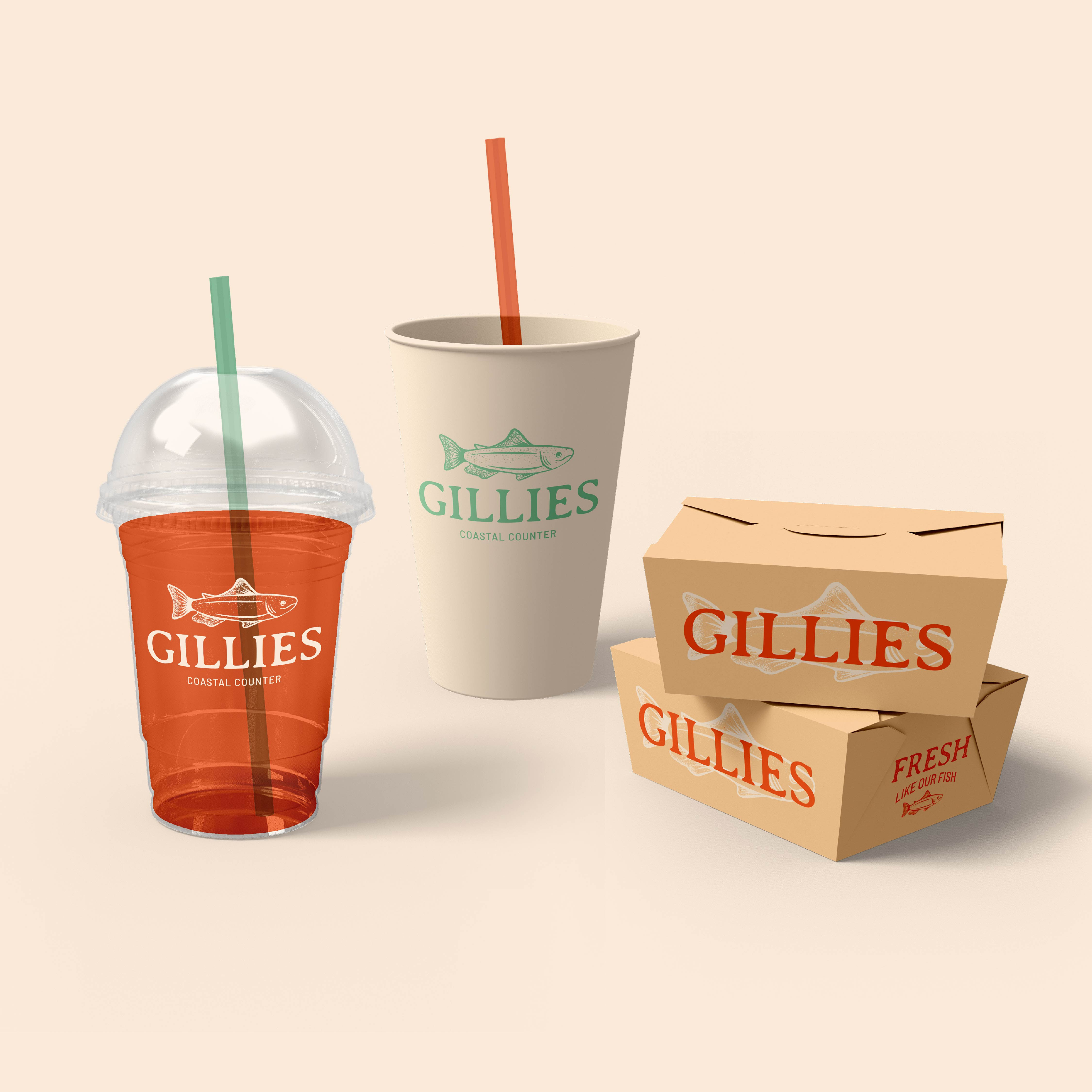 Gillies B-Side brand brand assets brand design branding design fish food graphic design illustration logo orange packaging restaurant vector