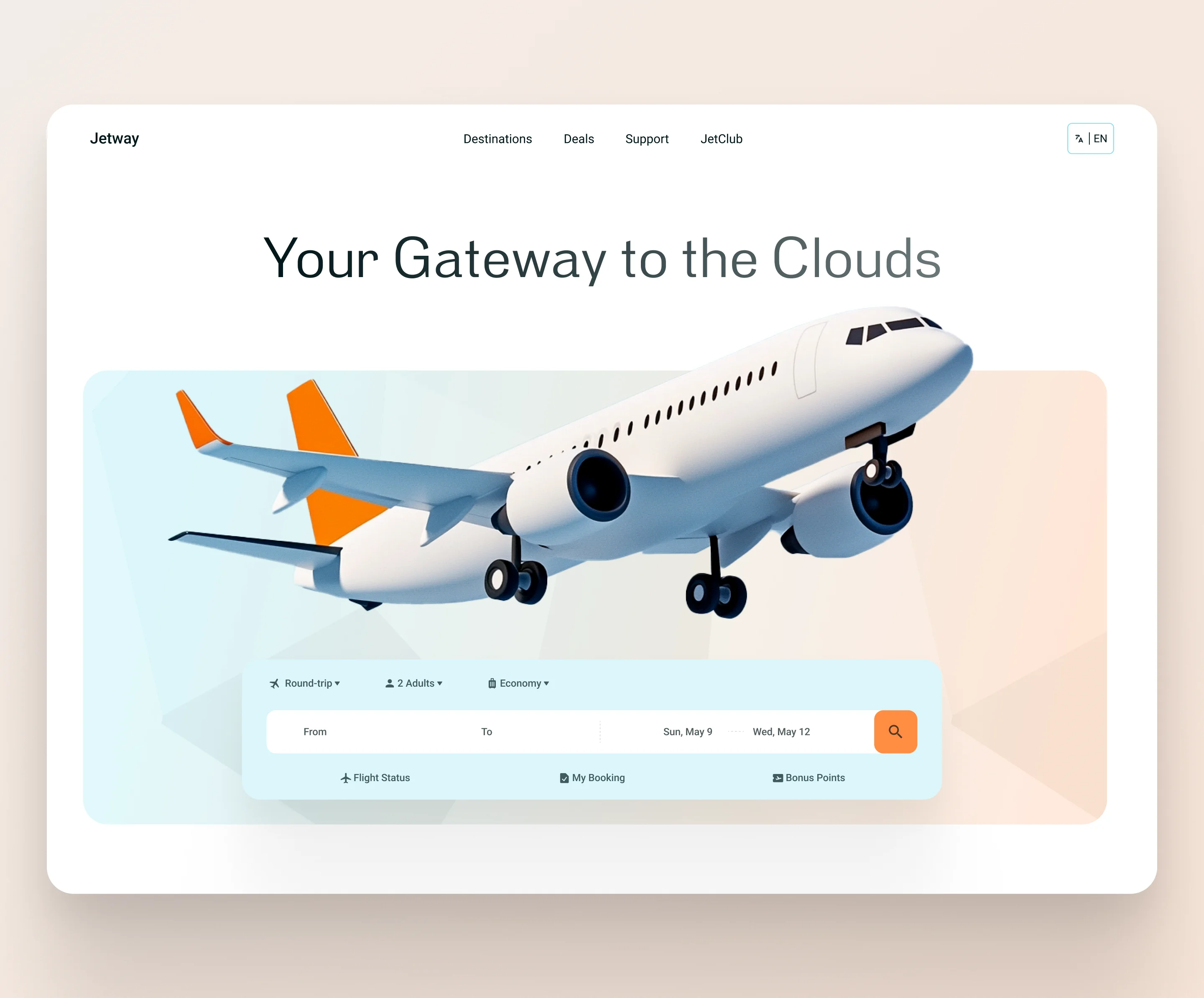 Jetway – Flight Booking UI with a Modern Travel Twist blue booking branding bright clean design flight graphic design hero illustration sky travel ui ux vector