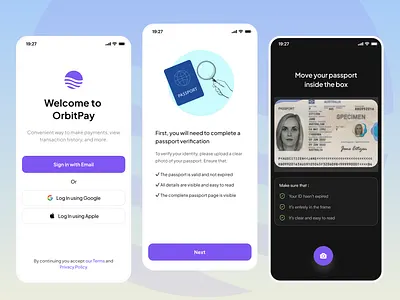 OrbitPay – Seamless ID Verification Flow appdesign creative design digitalpayments ewallet finance fintech fintechdesign mobileapp onboardingflow passportverification payment app ui ui design uiux wallet app