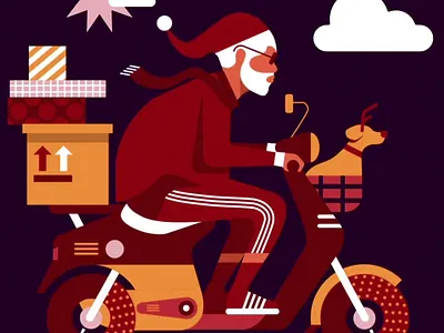 Festive Delivery Cycle art art design art illustration artwork cloud colorful design digital art digital illustration gifts illustration inspire modern modern santa motion graphics motorcycle movement presents red santa