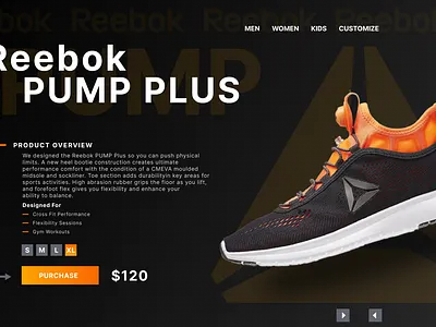 Reebok PUMP PLUS – Product Landing Page UI darkui ecommerce graphic design landingpage modern ui product showcase productpage reebok shoestore sportwear ui design ux design webdesign
