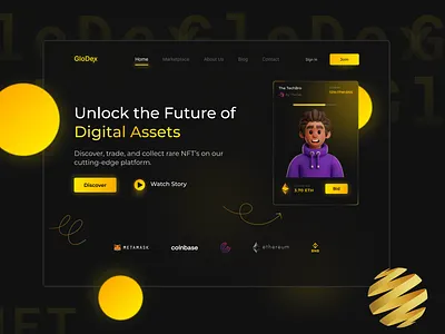 GloDex: Dark Mode NFT Marketplace Landing Page blockchainu cryptodesign darkmode darkui digitalassets landingpage moderninterface nft marketplace ui userinterface webdesign