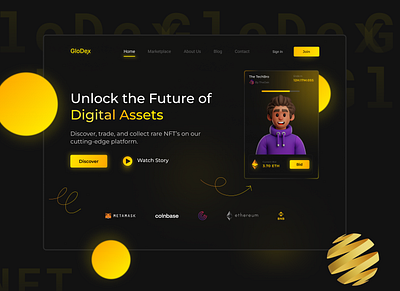 GloDex: Dark Mode NFT Marketplace Landing Page blockchainu cryptodesign darkmode darkui digitalassets landingpage moderninterface nft marketplace ui userinterface webdesign