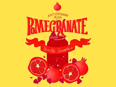 Pomegranate Power: Smoothie Delight Poster artistic nutrition beverage branding bright design drink concept food packaging food poster fresh juice fruit hand drawn healthy drink juicy fruit natural vibes organic style pomegranate smoothie red aesthetic refreshing art smoothie art vibrant layout wellness theme