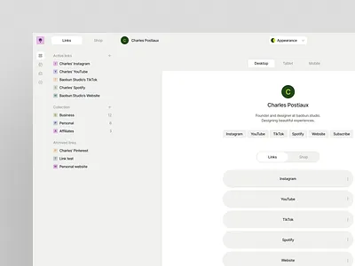 Linktree Concept Redesign branding clean concept design interface light mode linktree minimal minimalist nav navigation product design redesign sidebar ui ux web app web design