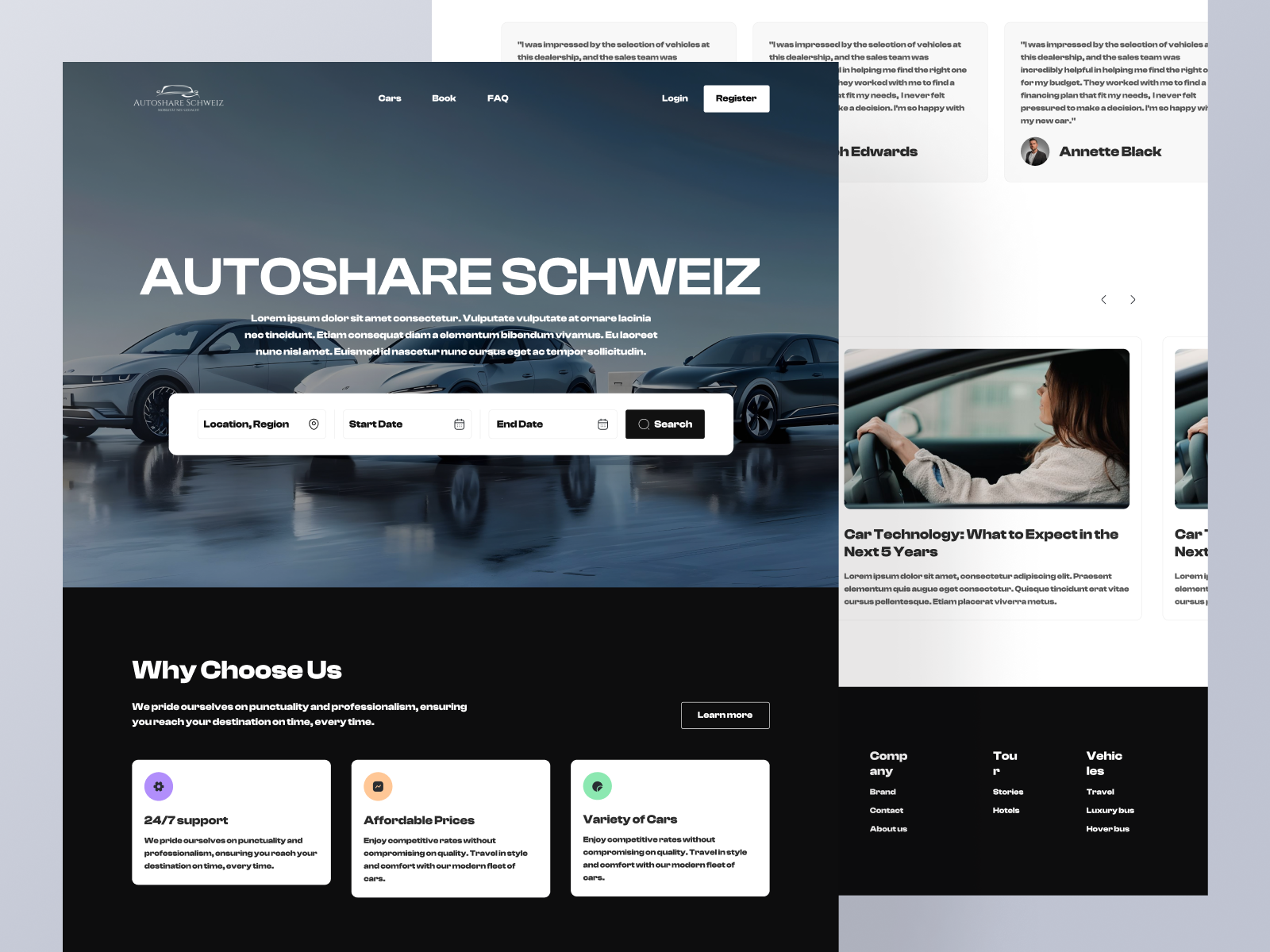 Car Rental Landing Page UI – AutoShare Schweiz 🚗✨ auto booking car rental cars dark mode dashboard figma frontend landing page luxury cars minimal ui modern ui responsive design swiss design transportation travel ui design ux design web design website design