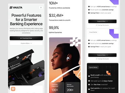 Vaulta - Features Page Responsive bank bank transfer card clean credit fetures finance finance landing page landing page landing page responsive mobile preview spending ui ui design web web design website website design