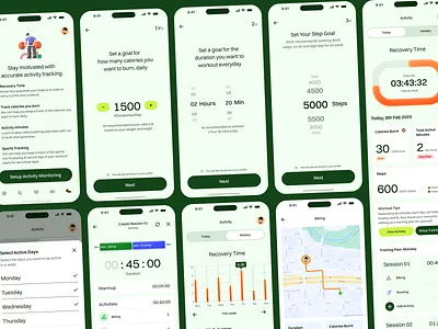 Kennect App - Activity Screens Flow activity session planner activity tracking bar graph card layout clean minimal ui countdown timer fitness app goal setting graph design green color palette health ui map design mobile app progress tracking real time tracking recovery tracker stacked timeline bar step counter uiux workout planner
