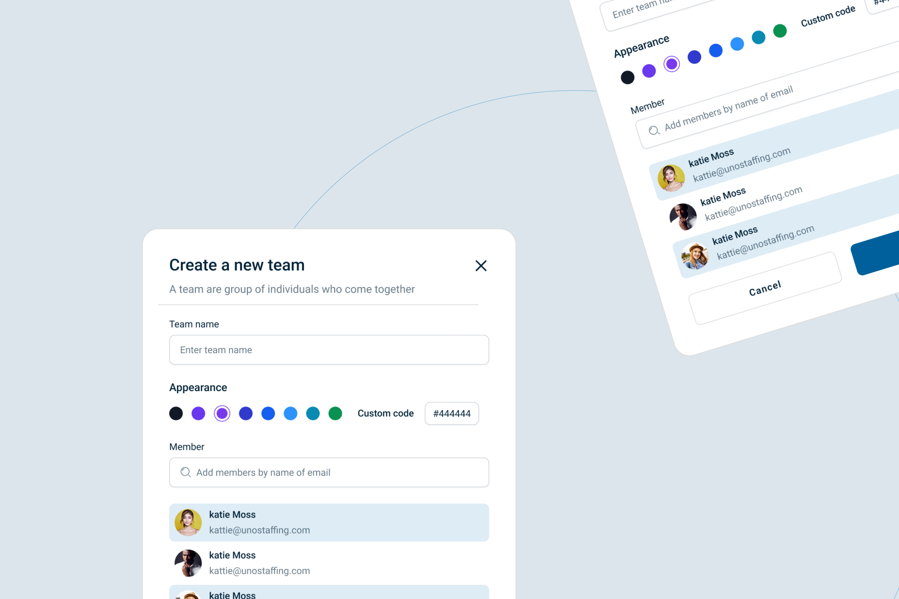 Create a New Team – Modal UI cleanui dashboardui designsystem dribbble modals productdesign sass teammanagement uidesign uxdesign webapp