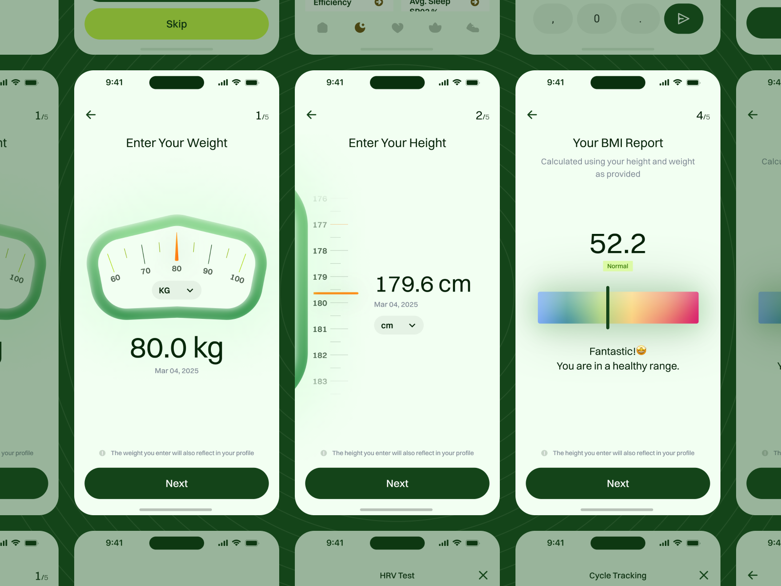 Kennect App - Height/Weight/BMI Tracker Screens bmi calculator ui clean minimal ui data input screen data visualisation dial picker fitness app green color palatte health monitoring height tracker interactive ui microinteration mobile app modern dial ui rounded ui elements scale speedometer style ui ux user onboarding flow weight tracker