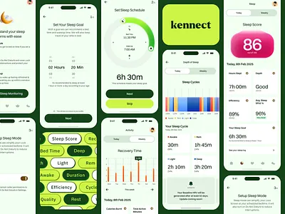 Kennect App - Sleep Tracking Screens bar chart barcode graph bedtime reminder card figma ui kit fitness app green color palette heatmap hrv monitoring hypnogram chart mint color mobile app mobile ui sleep analytics sleep goal setting sleep mode sleep score sleep tracking ui design wellness app