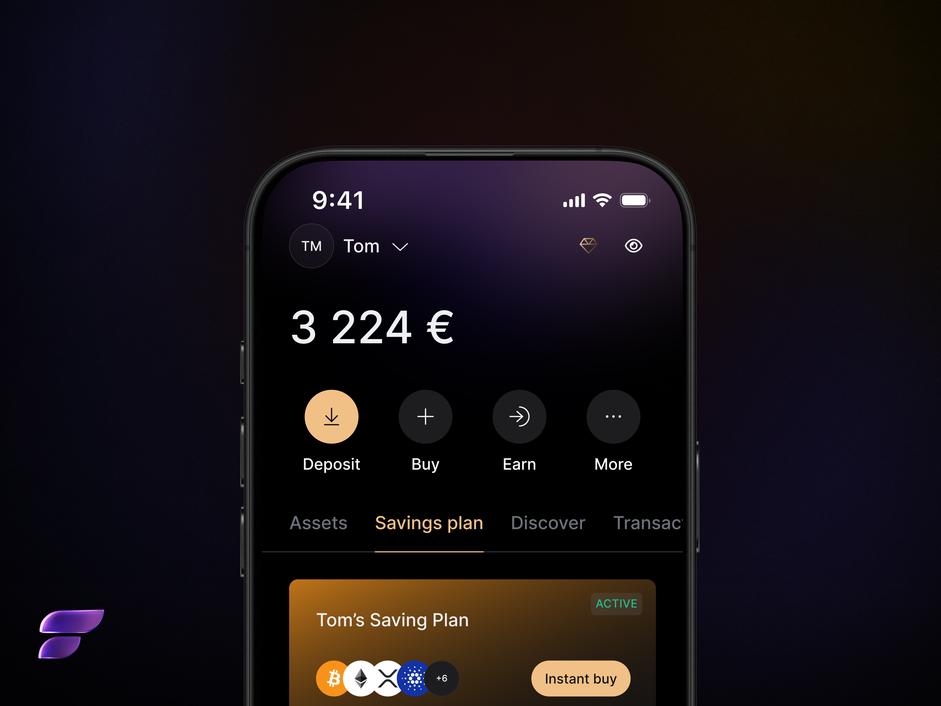 Finary - Crypto saving plan actions blur branding cards crypto design detail finance financial finary glass gradient illustration invest management money saving stories tabs ui