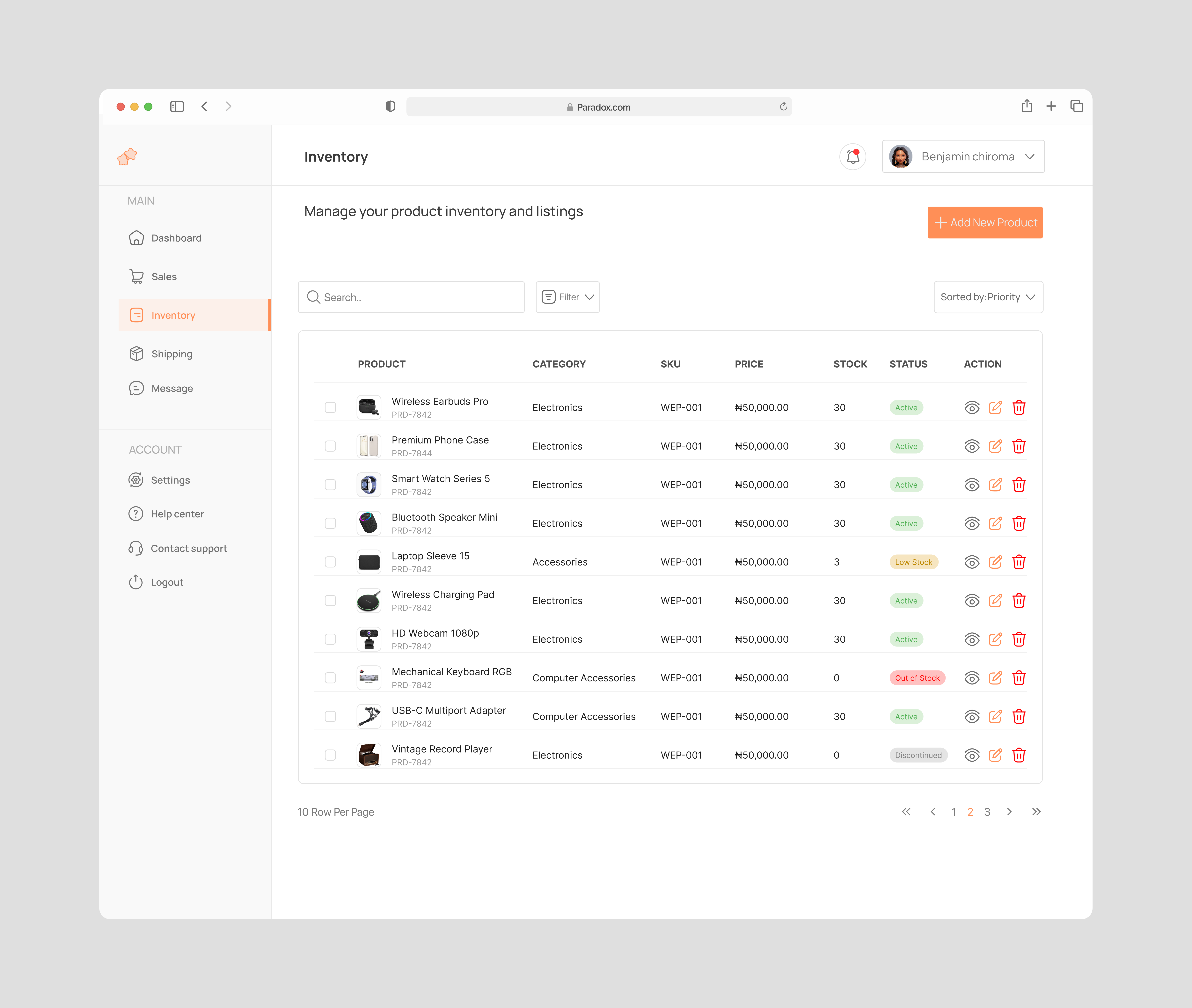 E-commerce admin dashboard inventory page dailyui dashoard e commerce product design sales ui uiux user experience ux webdesign website