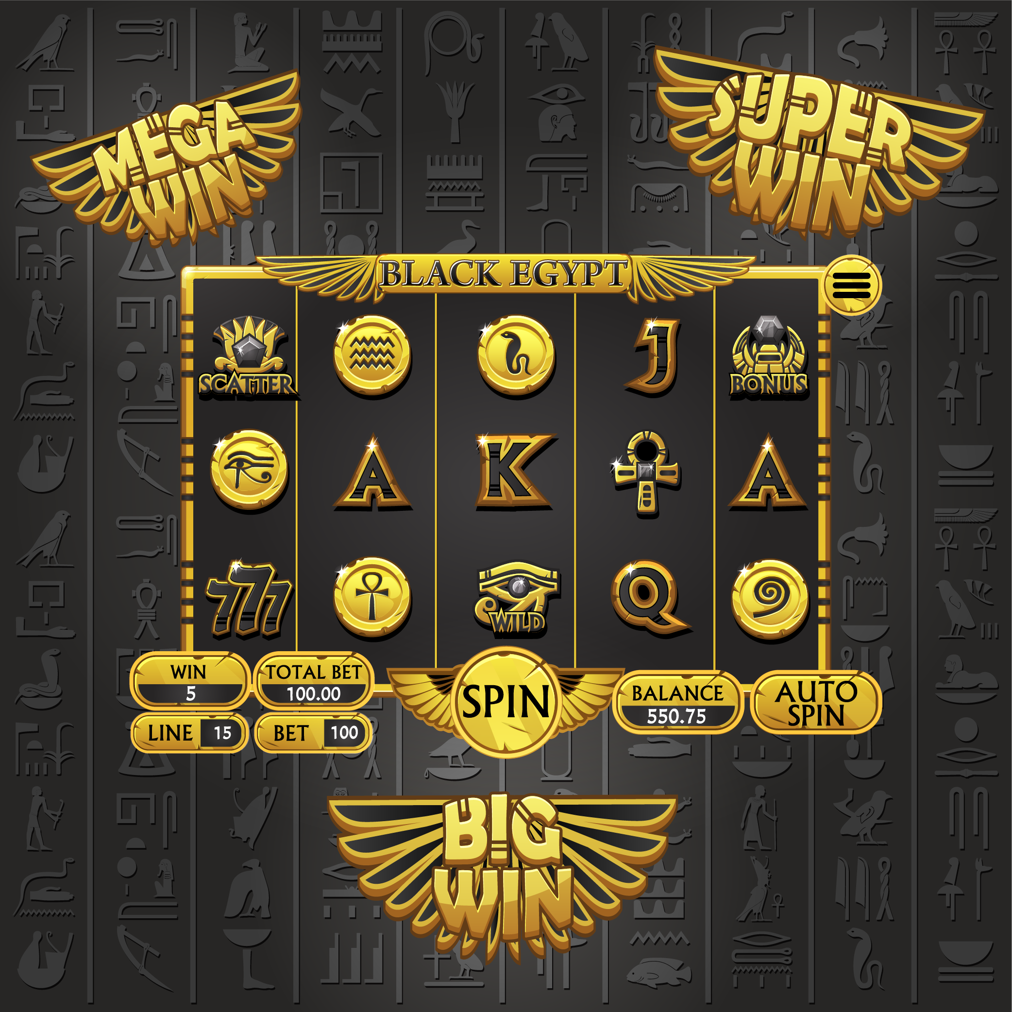 Egyptian Slot game and slot symbols 2d game adobe illustration ankh bigwin button design egypt eyeofhorus game game ui graphic design illustration lotus scarab slots spin symbols ui vector win