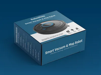 RoboGlide Smart Vacuum & Mop Robot Packaging Design 3d mockup adobe illustrator box design branding creative packaging e commerce design graphic design illustrator minimal design modern design modern packaging packaging designer product box product box packaging design product packaging smart home product tech product vacuum cleaner packaging visual identity
