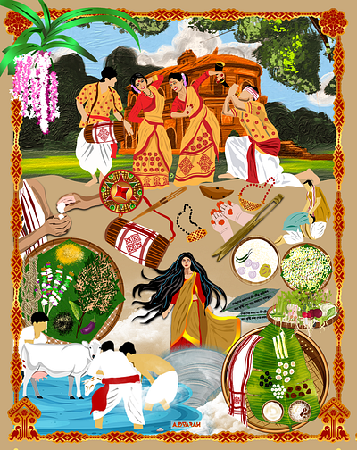 Rongali Bihu – The Heartbeat of Assam art artwork assam bihu bihuassam bohagbihu design dhol graphic design illustration japi northeast rongali rongalibihu taal