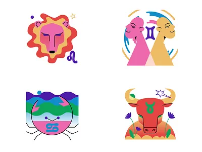 Zodiac Signs animation astrology cancer esoteric flat gemini gif graphic design leo lottie natal psychedelic stars taurus vector zodiac