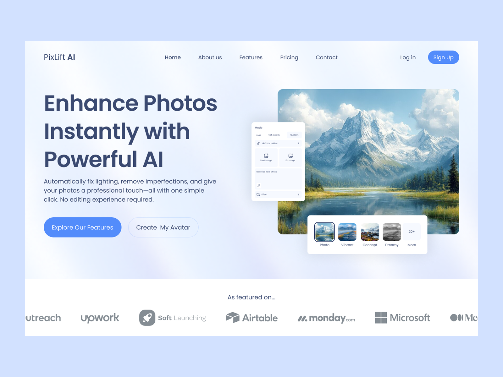 AI Photo Enhancer Landing Page PixLift AI ai ai image ai landing page clean design design imageeditor landing page landing page ui modern ui photo edit website photoeditor responsive ui ui ui design uikit web design