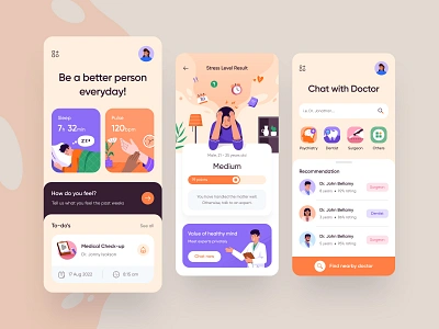 Healthcare Mobile App 👩🏻‍⚕️ app appointment chat dental design doctor health health care healthy illustration medic mobile orange psychiatry pulse service sleep surgeon ui ux