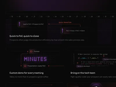 proofs - AI agents for your tech stack agents ai app bento black code components console dark darkmode funnel illustration navigation timeline ui ux website