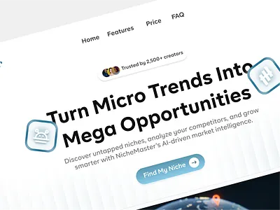 NicheMaster - Landing Page UI Design black blue ui ux web design webflow website white