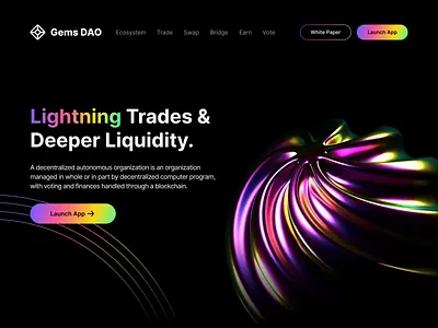 Gems DAO Crypto Landing Page 3d blender coloful crypto cycles dao figma hero section illustration iridescent landing motion graphics rainbow render sphere spinning trade ui ux