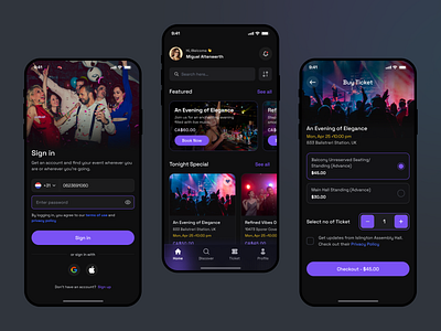 Event Booking App appshowcase booking event eventapp eventappdesign eventbooking minimalinterface mobileappdesign modernappui productdesign ticket ticketbooking