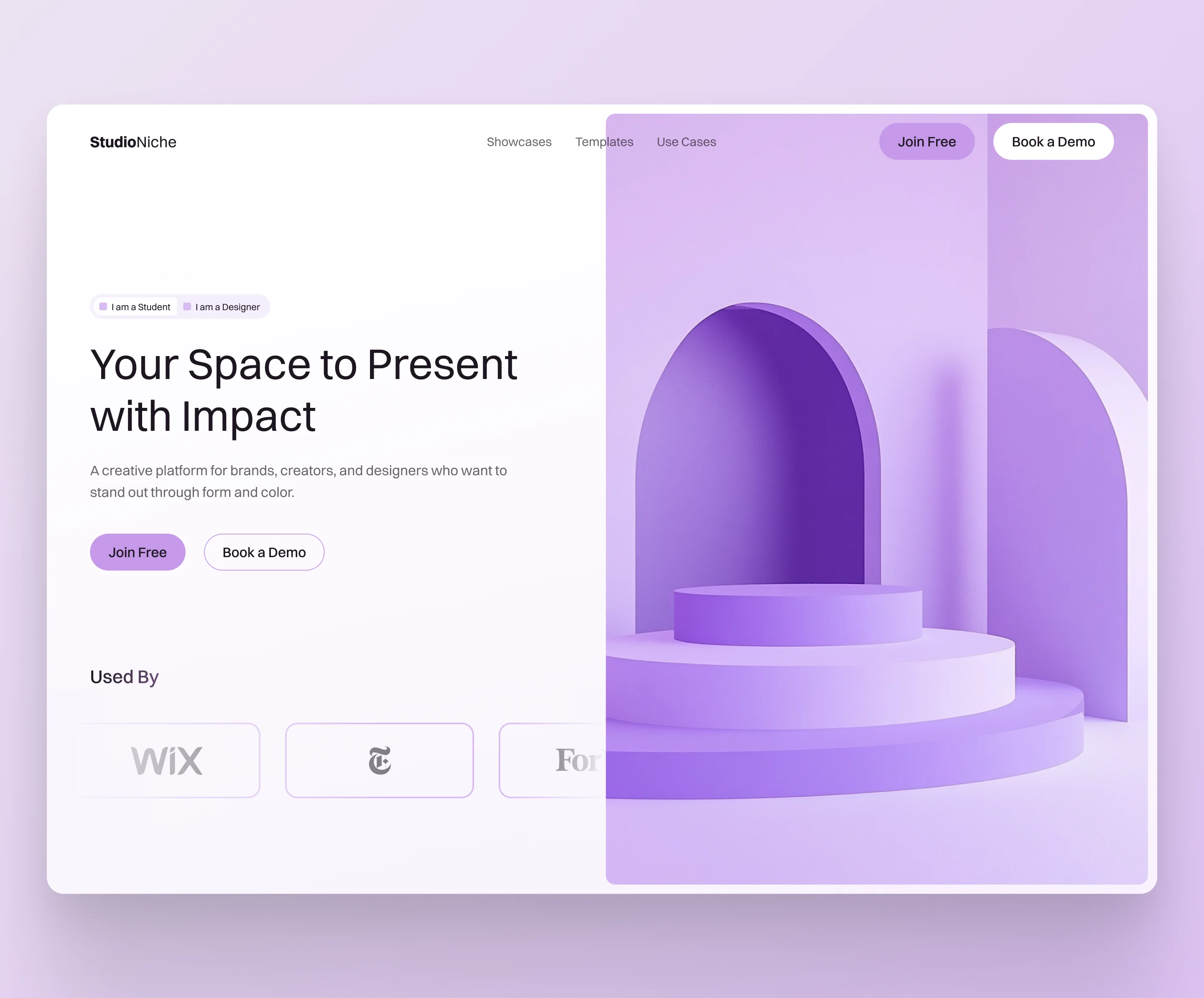 StudioNiche – Minimal Hero UI for Creative Showcases branding clean design graphic design hero illustration lila purple ui ux
