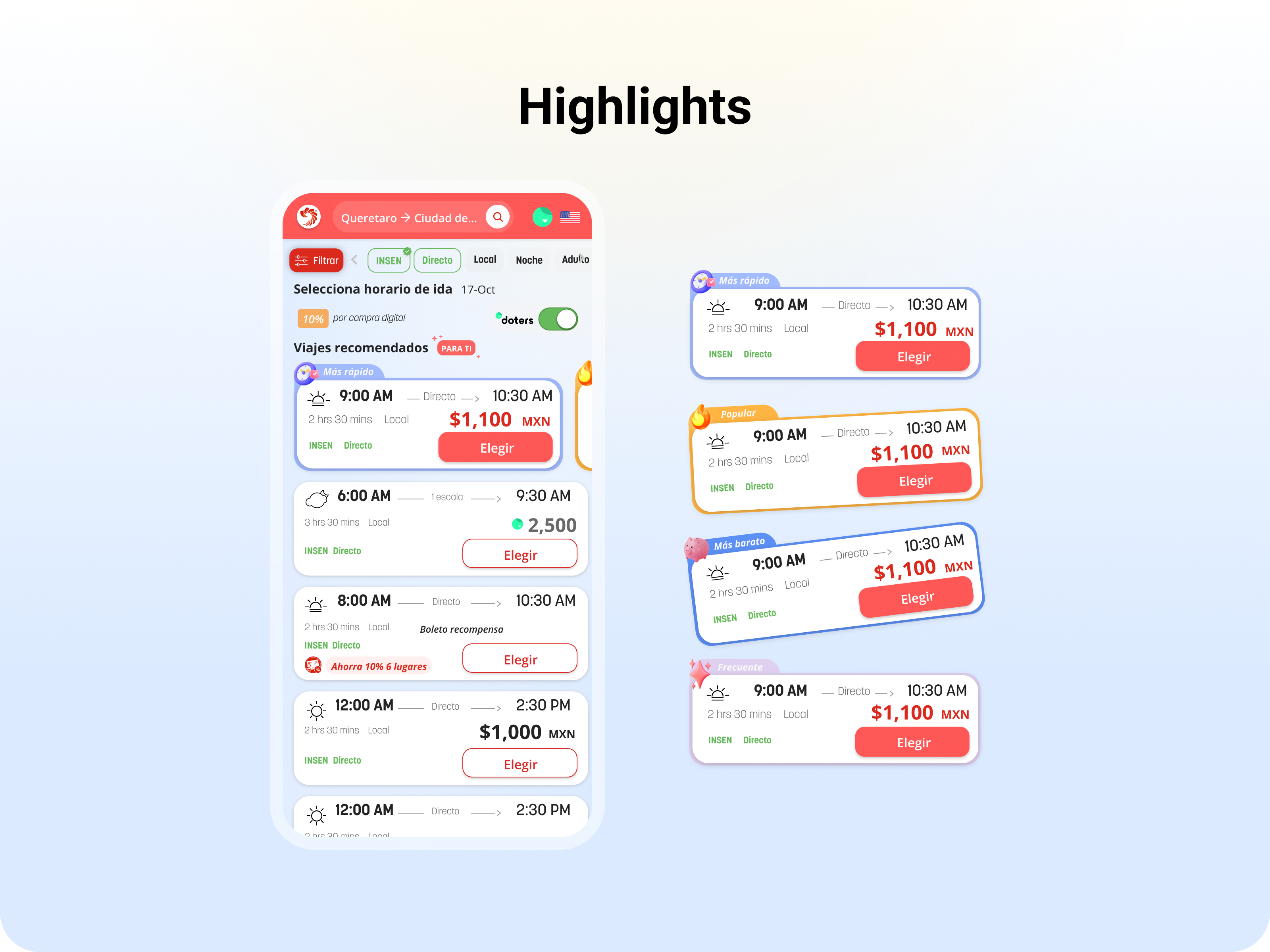 Redefining Schedule Selection — User-Intent Driven Design animation bus bus ui cards highlight highlighted results illustration minimalist motion graphics redesign results results trip travel trips ui user centered