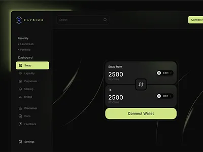 Raydium - Swap Dashboard banking bitcoin dashboard design discover earn exchange finance raydium smart wallet swap trend ui ui design uiux wallet web web3 website