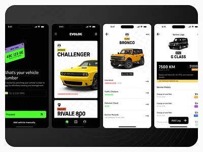 Evolog - Vehicle Details Screens alert automobile card challan dashboard history home icons logs mobile app notification pollution product details registration reminder service sign in sign up ui vehicle number