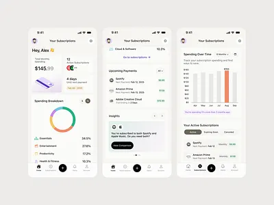 Subscription Management App Design financeapp fintech interfacedesign lightmode minimaldesign mobileapp mobileux modernui productdesign spendingtracker userdashboard uxui