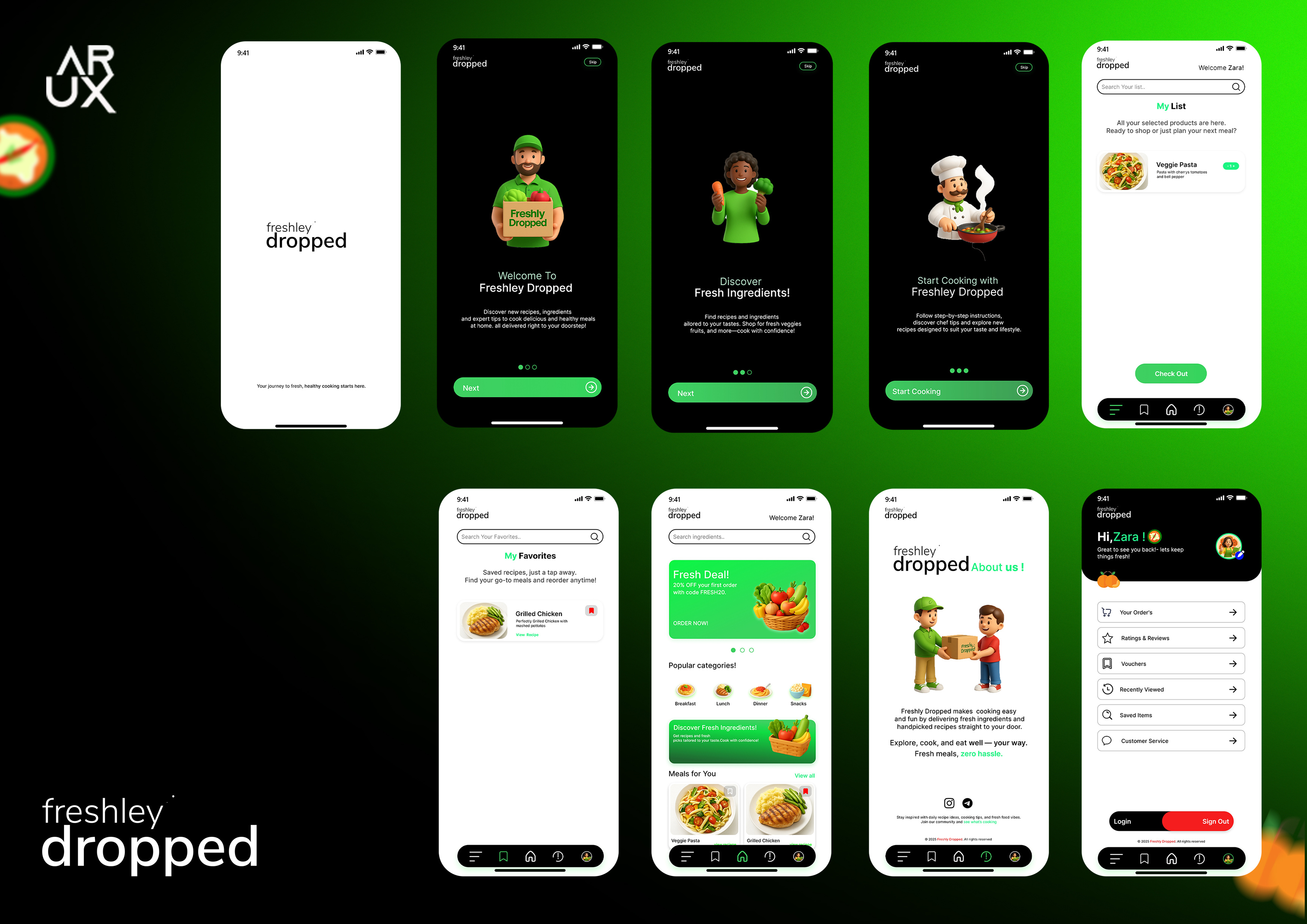 Freshly Dropped – Healthy Meal Delivery App UI Design 3dillustration adobexd appdesign cleanui foodapp mealapp minimaldesign mobileapp recipeapp uidesign uiux userinterface