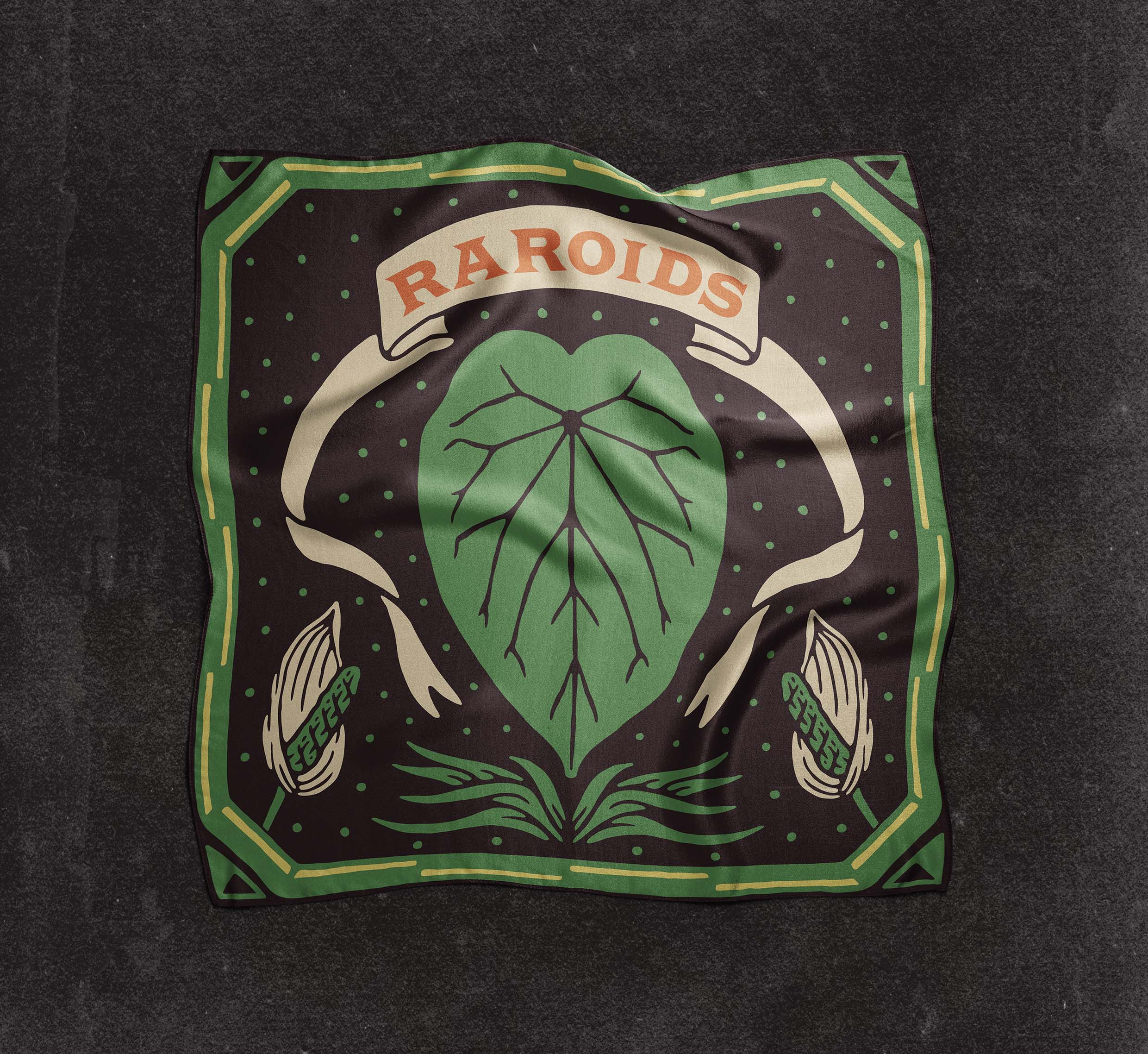 Raroids Scarf - Illustration for Merchandise angonmangsa aroid badges bandana brand branding design graphic design graphicdesign hand drawn illustration leaf logo merch merchandise scarf streetwear stuff variegated vintage