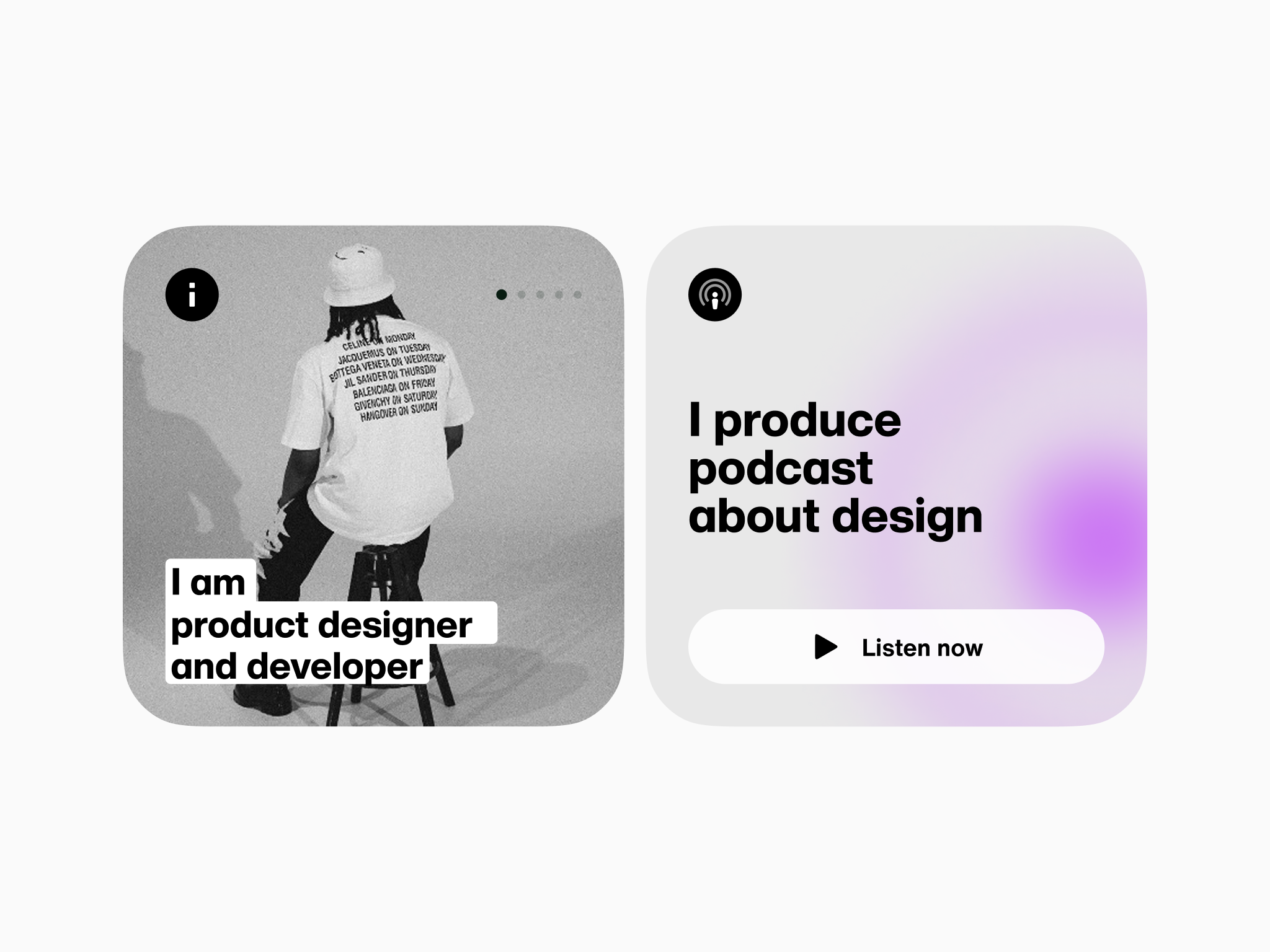 Personal Website: Intro and Podcast Highlights branding card layout component design creative website design evolution design system developer designer editorial ui figma homepage concept interaction design modular layout personal website portfolio design product design ui user interface ux visual identity web design