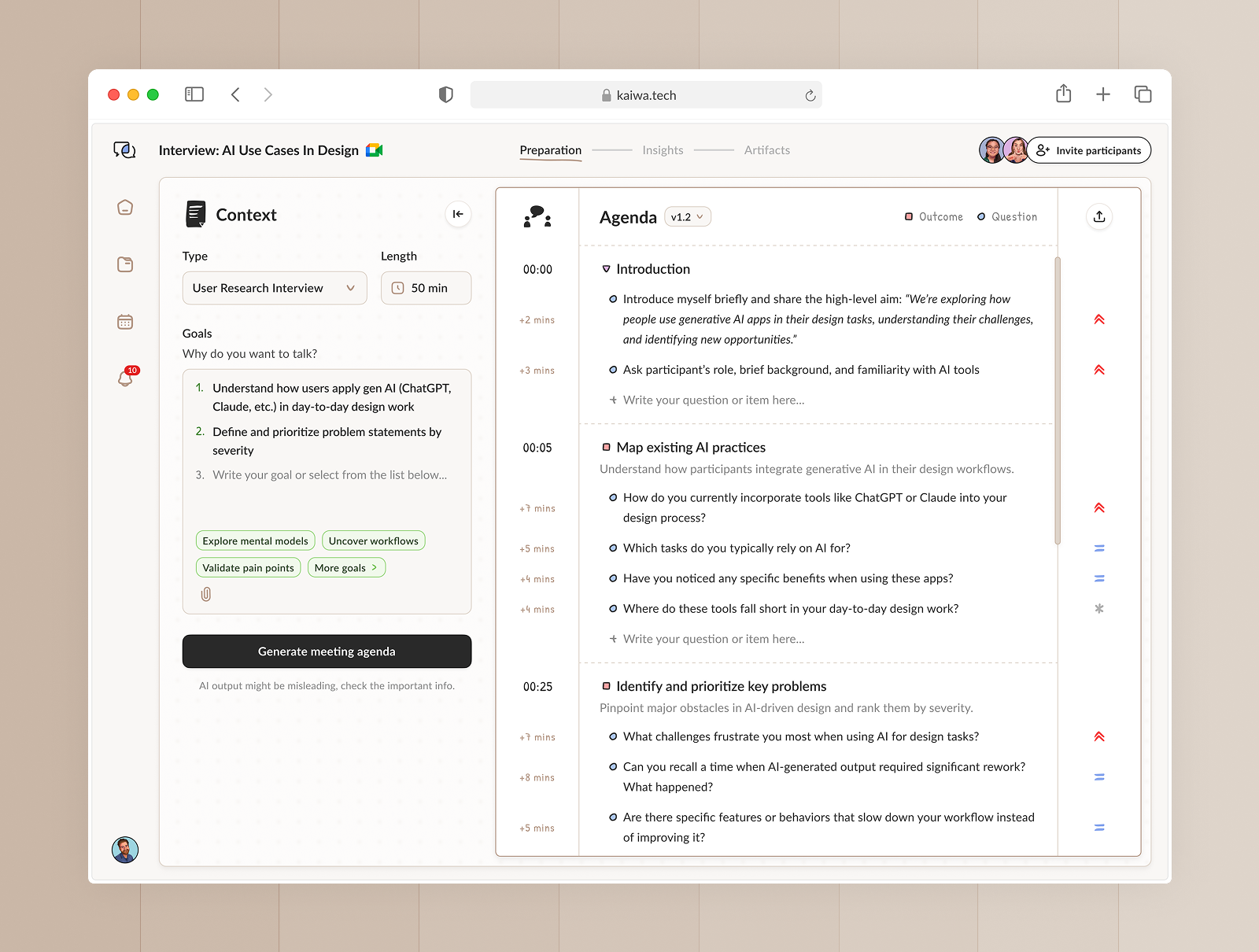 Kaiwa — AI Conversation Layer ai app clean conversation design llm meetings minimal plg product saas ui ux web