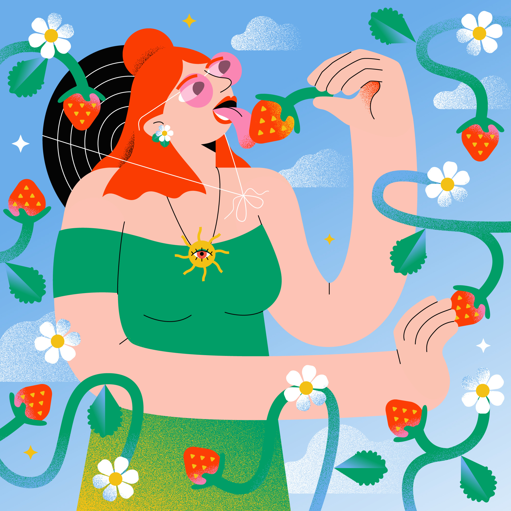 Strawberry Girl berry chamomile character character design cloud daisy flat girl hat illustration redhead strawberry summer sundress vector woman