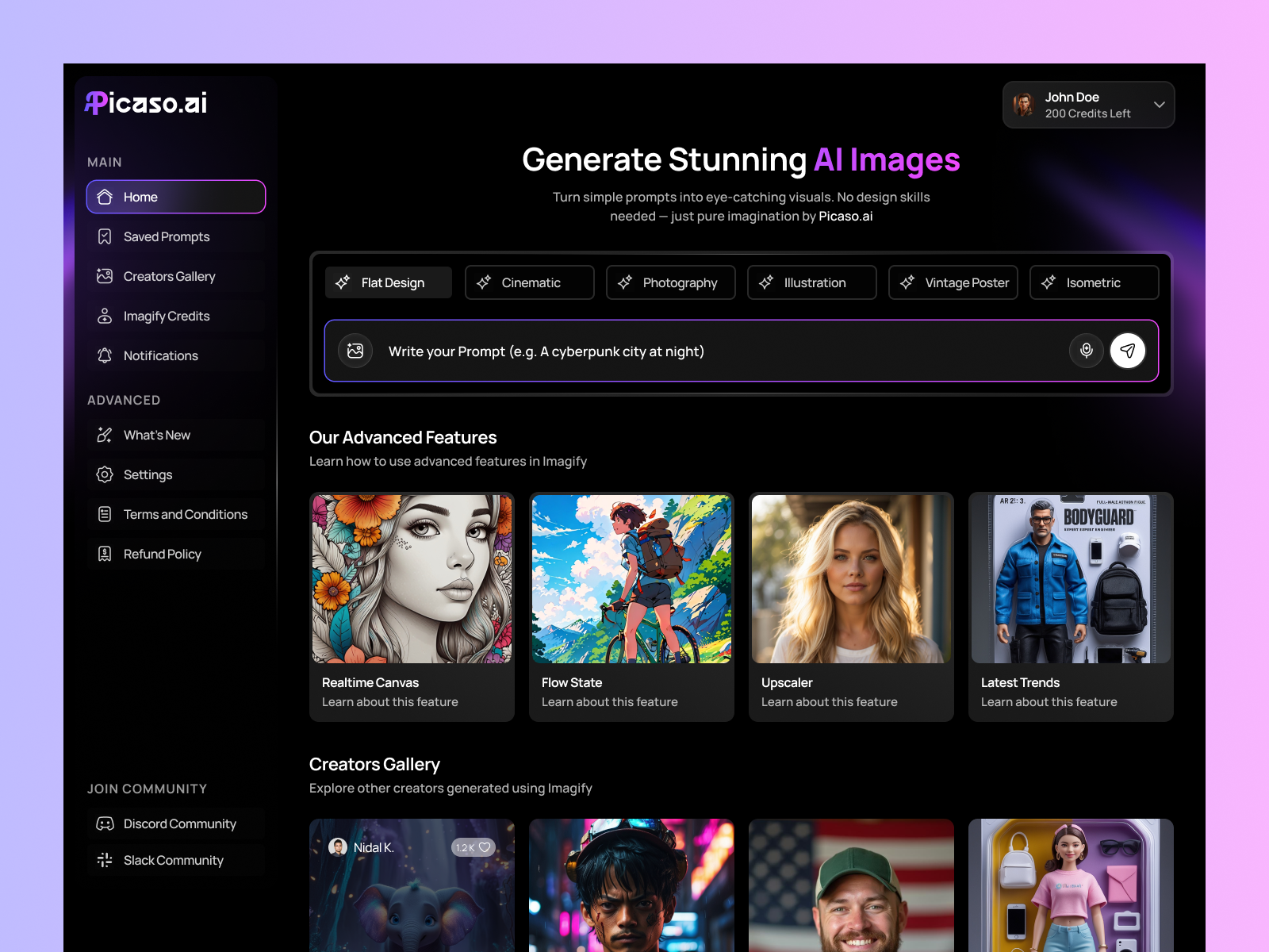 AI Image Generation Web Application ai image web application dark theme dashboard leonardo ai neon prurple ui