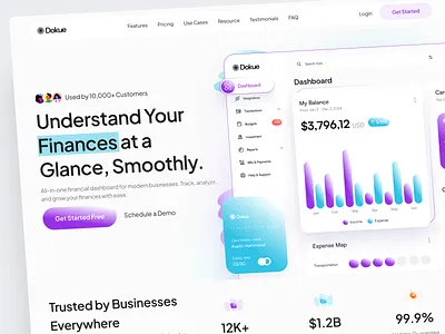 Dokue – Header for SaaS Landing Page bank card chart clean design dashboard finance financial header illustrations investment landing page management productivity responsive responsive web design sass statistics uiux web design xenity