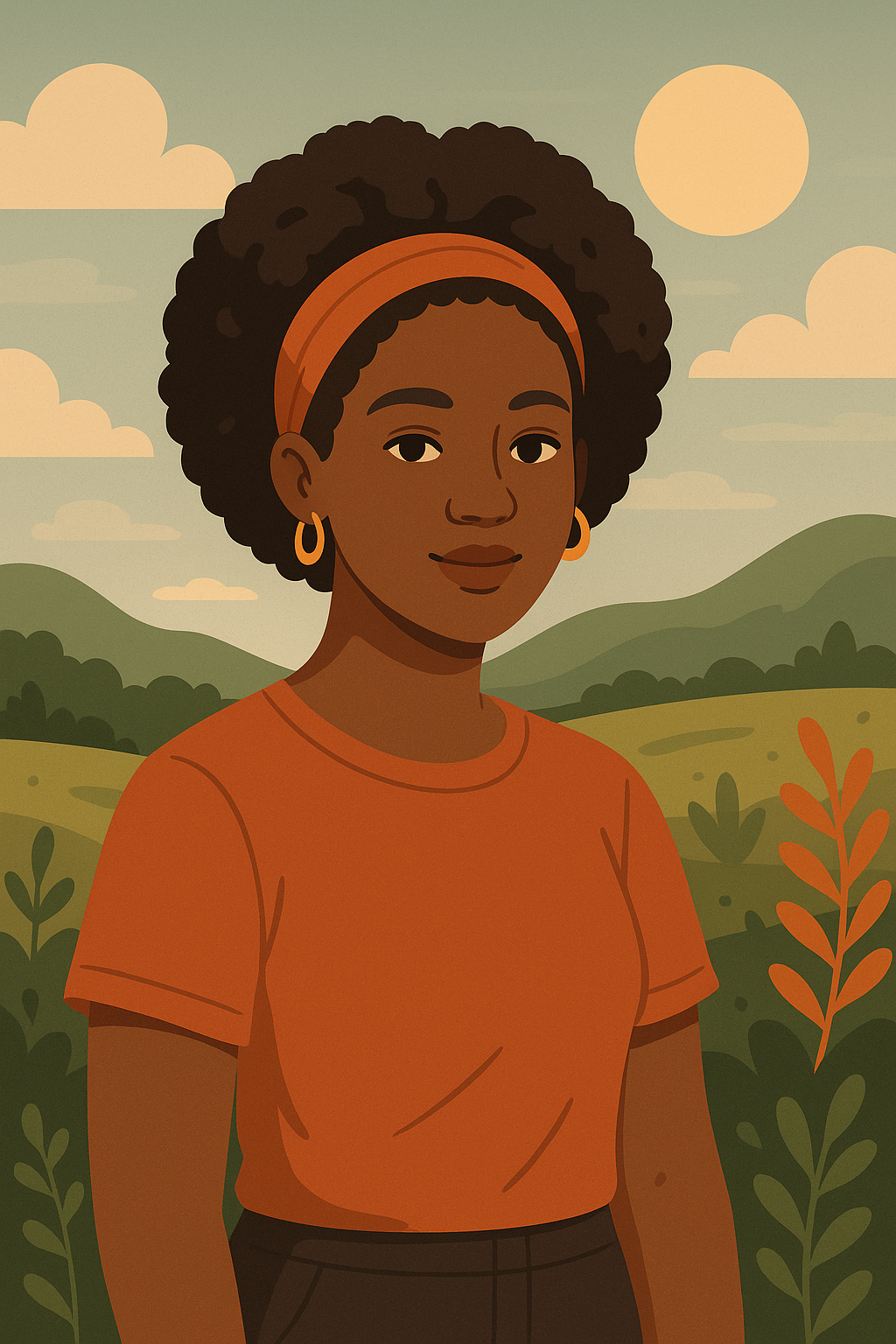 Field Glow – Flat Afro Portrait 2d afro blue clean colorblock digitalart field flat flatdesign green illustration illustrator minimal orange portrait sky soft vector woman young