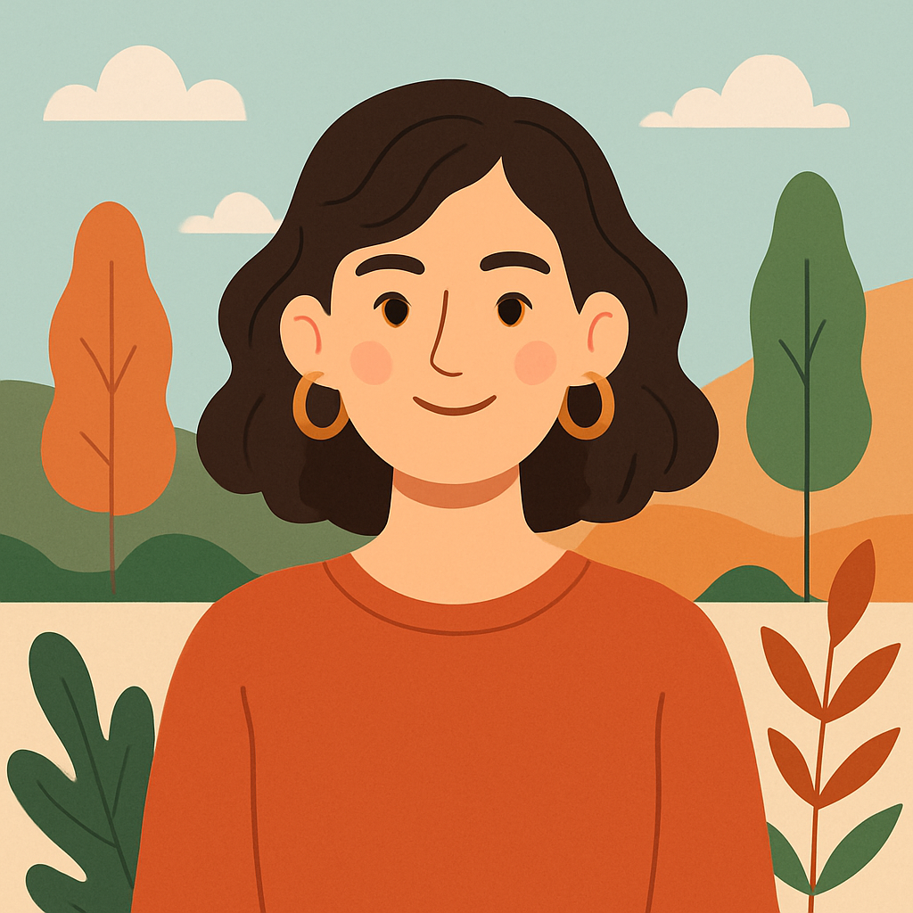 Woman & Hillside View 2d character clean digital female flat girl hillside illustrator landscape minimal modern orange plant portrait sky softcolor stylish vector warm