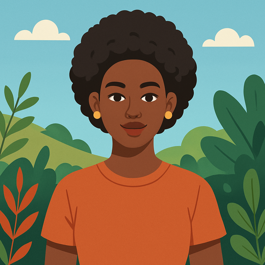 Natural Light – Flat Afro Girl 2d afro clean digital field flat flatart girl green illustrator minimal orange portrait sky soft summer trending vector vibe warm