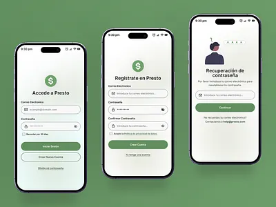 Presto - Payments and Collections, Made Effortless 🪙💰 (auth) app auth authentication design fotgotpassword green login mobile payments presto signin uiux