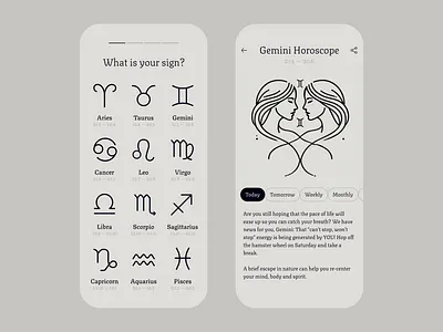 Horoscopium – Minimal Horoscope App UI app app design app designer astrology horoscope ios ios app design ios app designer iphone mobile mobile app mobile app design mobile app designer mobile designer signs ui zodiac