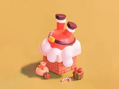 Stuck Santa- Playful 3D Design 3d 3d colorful 3d design 3d modeling 3d rendering christmas colorful creative digital art f gifts humorous new year playful presents santa stuck santa winter yellow yellow background
