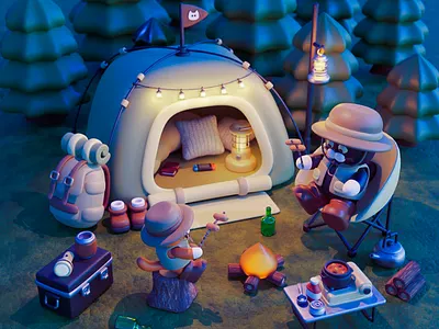 Forest Friends Campout- 3D Design 3d 3d art 3d art work 3d design 3d fantasy decor 3d trip illustration abstract art camp cartoonish comfort creative design friend friends journey night scene nightcamp travel trip whimsical